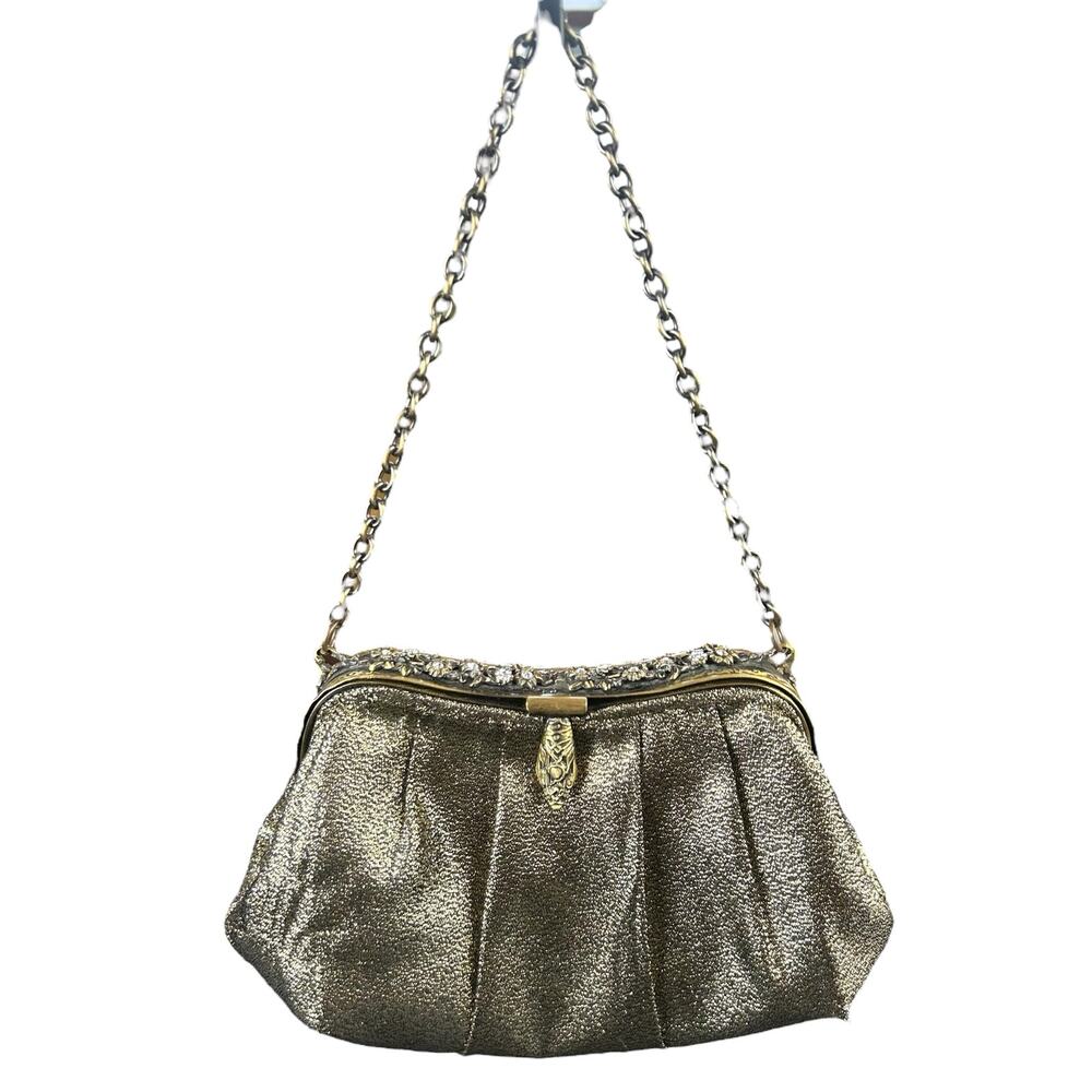 Menbur Event Clutch Gold Tone Metallic Bejewelled Ornate Clasp Retro Handbag